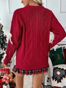 SHEIN LUNE Bow Decor Crew Neck Long Sleeve Pullover Sweater, Knit Pullover Fall Winter - Red - View 2