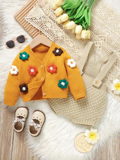 Newborn Essential! Handmade Floral Decorated Long Sleeve Sweater Set, Featuring Sweet Cardigan With Simple Jumpsuit Pants, Fashionable And Warm, Creating Adorable Outfit For Baby, Cozy Care For Every Moment