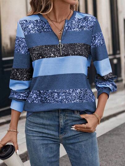 EMERY ROSE Women's Colorful Striped Patchwork Half Zip Long Sleeve Sweatshirt, Autumn,Long Sleeve Tops Graduation,Back To School Outfits,Graduation,Teacher Outfits For Women,Back To School Pullover Fall Outfit