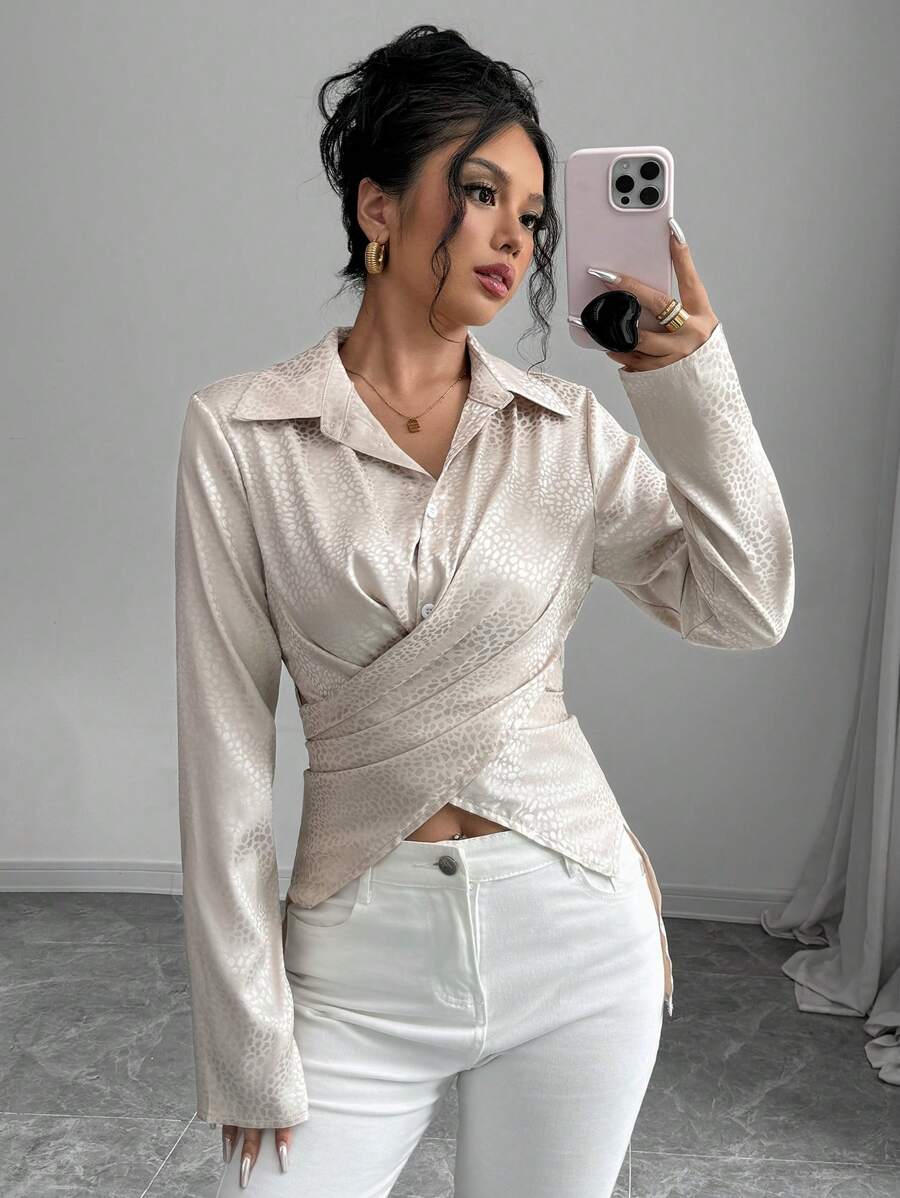 Elenzga 1pc Women's Polka Dot Dobby Cross Wrap Tie Back Slim Fit Blouse Fall Cloth For Women - Apricot - View 1