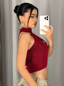 SHEIN ICON 女士夏季休闲金属装饰修身无袖针织上衣 - 紅色 - 查看 4