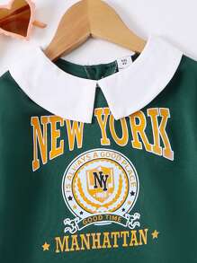Set de 2 piezas compuesto por sudadera con capucha y falda plisada de estilo escolar para niña joven, sudadera azul marino con cuello y estampado de letras y falda plisada rosa - Verde - Ver 4