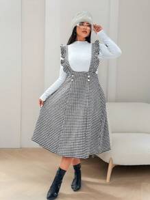 Celure Vestido de peto elegante de talla grande para mujer con estampado de pata de gallo y contraste de color