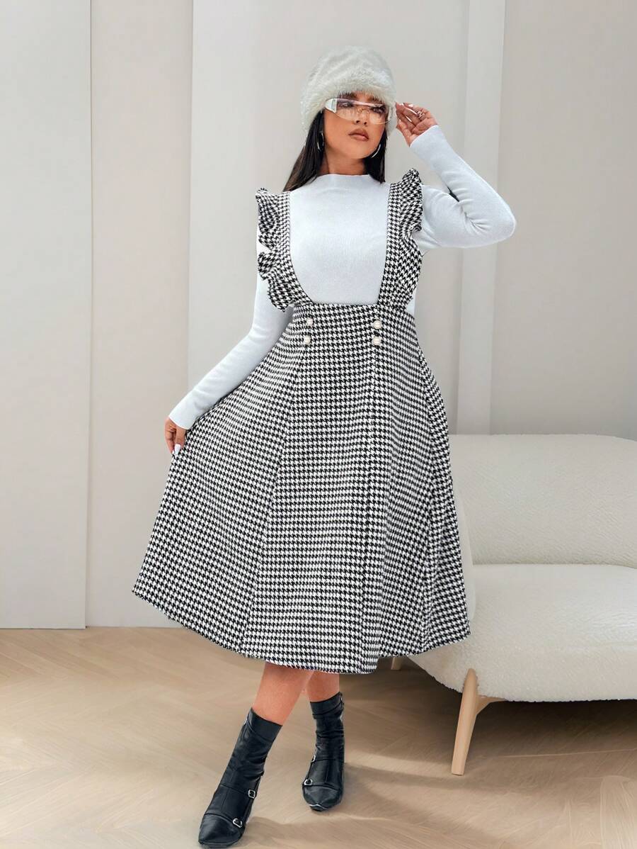 Celure Vestido de peto elegante de talla grande para mujer con estampado de pata de gallo y contraste de color