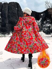 Flirla Áo khoác dài có mũ trùm đầu in họa tiết hoa thời trang dành cho kỳ nghỉ cỡ lớn, dùng cho quần áo năm mới, quần áo mùa đông - Đỏ - Xem 1