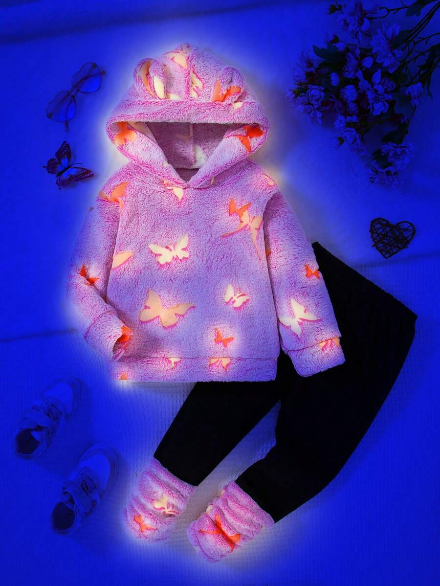 SHEIN 2 件套儿童女童蝴蝶印花羊毛连帽运动衫和裤子套装，秋冬季休闲风格 - 紫色 - 查看 1