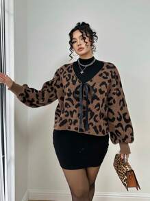Celure 大码豹纹前系带休闲开衫，日常休闲装，秋冬