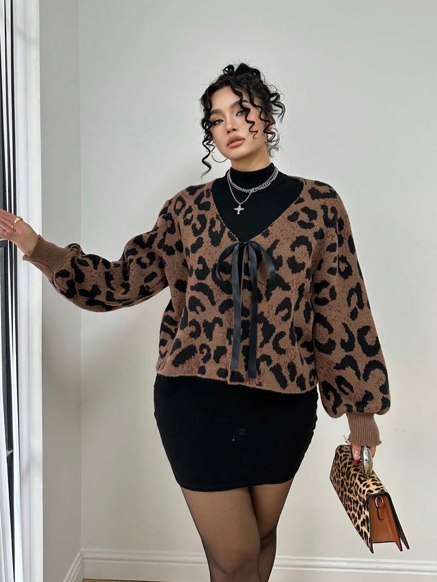 Celure 大码豹纹前系带休闲开衫，日常休闲装，秋冬