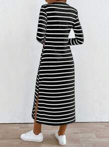 SHEIN LUNE Randigt tryck Rund halsringning Avslappnad stil Delad långärmad klänning för kvinnor Maxiklänning för kvinnor Höstkläder för kvinnor - Svart och Vitt - Visa 2