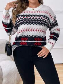 Calvaya 大码女式几何图案长袖休闲宽松套头毛衣，适合秋冬季