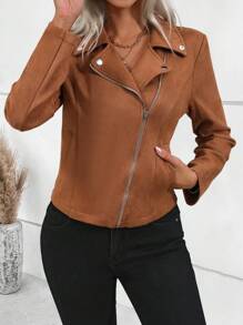 Chiquease Áo khoác lửng cổ bẻ màu trơn đơn giản cho nữ, mùa thu - Màu Khaki - Xem 3