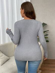 SHEIN Clasi 大码纯色前扣长袖简约针织毛衣，休闲日常穿着 - 灰色 - 查看 2