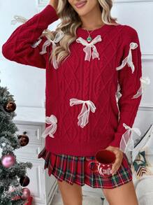 SHEIN LUNE Bow Decor Crew Neck Long Sleeve Pullover Sweater, Knit Pullover Fall Winter - Red - View 4