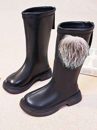 儿童靴子，女孩蓬松边饰高筒真皮冬靴