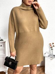 SHEIN LUNE Plus Size Casual Daily Simple Solid Turtleneck Loose Knit Sweater Dress, For Autumn/Winter