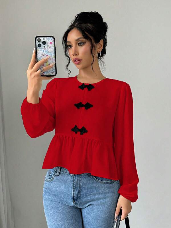 Selianne Camisa de mujer con cuello redondo, manga abullonada y botones de contraste en unicolor, top con volante para Año Nuevo