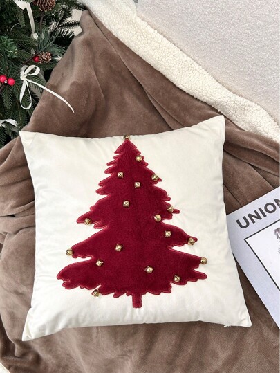 1 pieza Funda de almohada navideña, funda de cojín, funda de almohada de árbol de Navidad con cascabeles, cascabeles funcionales, sin relleno de almohada, adecuada para sala de estar, sofá, cabecera de dormitorio, funda de almohada decorativa de ambiente versátil