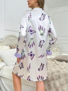 Roupão de Cetim Falso de Mulher com Estampa de Borboleta e Babados Coloridos - Damasco - Visão 2