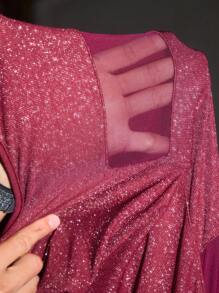 HEAVINZ LANE Designer Women's Burgundy Shiny Glitter Sheer Mesh Blocked Long Party Elegant Party Dress Outfit For Holiday, Birthday Outfits, Spring, Festival, Wedding, Prom Dress