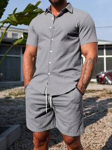 Manfinity Homme 2 件套男士休闲纯色短袖衬衫和抽绳腰短裤套装，夏季 - 淺灰色 - 查看 6