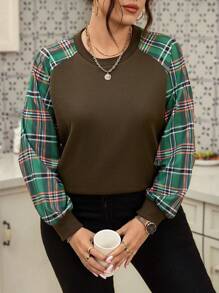 SHEIN LUNE Plus Size Women's Plaid Patchwork Raglan Sleeve Casual Sweatshirt, Spring Autumn Pullover Fall - Multicolor - View 8