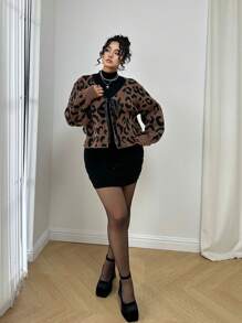 Celure 大码豹纹前系带休闲开衫，日常休闲装，秋冬