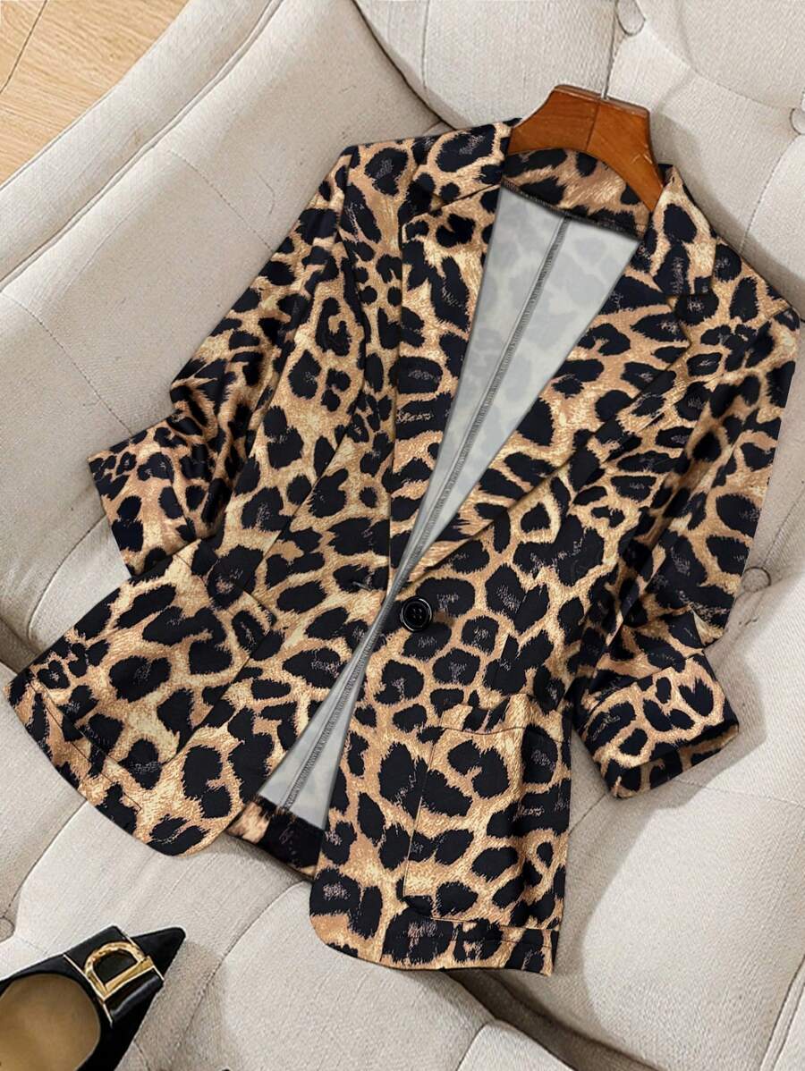 Franclia Women Leopard Print Button Up Long Sleeve Casual/Work Blazer, Autumn/Winter