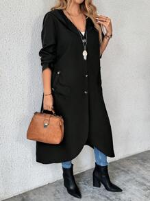 SHEIN LUNE 大码女式休闲单排扣连帽长款夹克，带斜口袋 - 黑色 - 查看 5