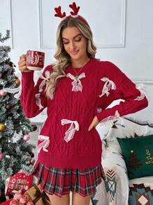 SHEIN LUNE Bow Decor Crew Neck Long Sleeve Pullover Sweater, Knit Pullover Fall Winter - Red - View 7