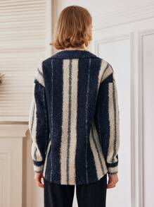 Chiquease Áo khoác nữ dáng rộng, kẻ sọc phối màu tương phản, vai rớt, túi hộp, kiểu cargo - Nhiều màu - Xem 2