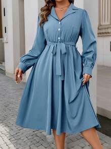 Celure Plus Size Women's Spring/Summer Long Sleeve Button Half Placket Casual Dress - Blue - View 5