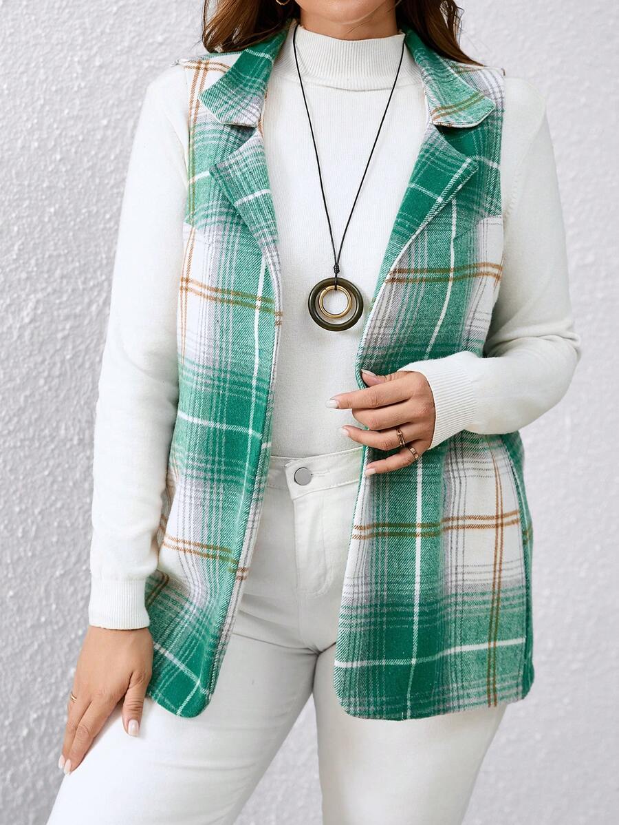 Calvaya Plus Size Plaid Sleeveless Casual Blazer Jacket For Autumn