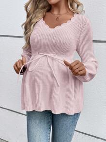 SHEIN Maternity Casual Ruffle Collar Lantern Sleeve Bowknot Waist Sweater, For Winter