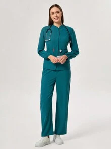 TaskEZ Solid Color Zipper Front Pocket Long Sleeve Top And Pants Nursing Scrub Uniform Set - Green - View 4