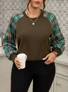 SHEIN LUNE Plus Size Women's Plaid Patchwork Raglan Sleeve Casual Sweatshirt, Spring Autumn Pullover Fall - Multicolor - View 4
