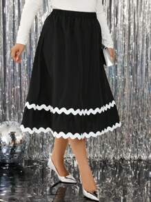 SHEIN LUNE Plus Size Women Colorblock Wavy Ribbon Decor Christmas/Halloween Party A-Line Midi Skirt - Black - View 5