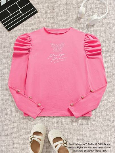 Marilyn Monroe X SHEIN 青少年女孩可爱蝴蝶和字母印花珍珠纽扣装饰羊腿袖 T 恤