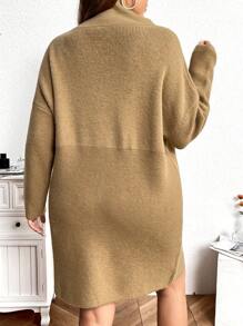 SHEIN LUNE Plus Size Casual Daily Simple Solid Turtleneck Loose Knit Sweater Dress, For Autumn/Winter