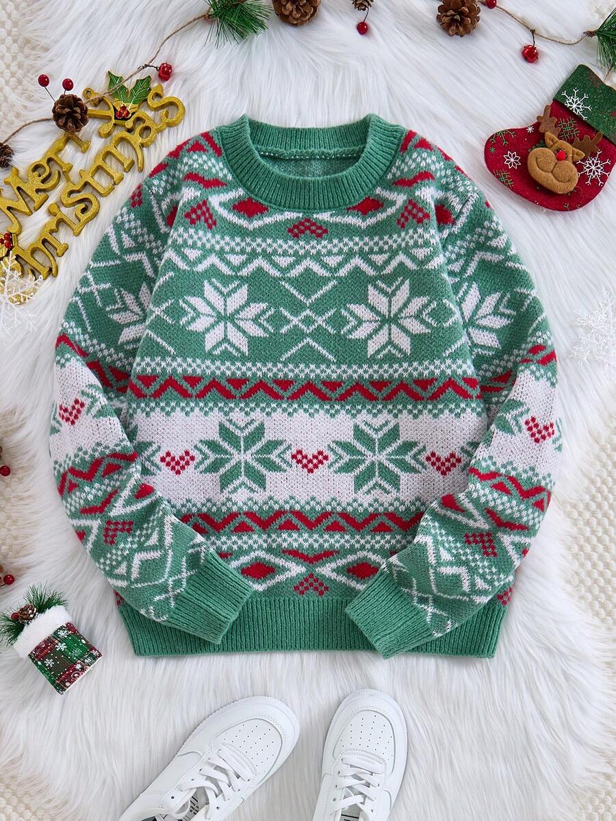 Áo len dài tay cổ tròn họa tiết hình học Giáng sinh cho bé gái tuổi teen, mùa thu/đông - màu xanh lá - Xem 1