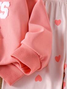 Young Girl Pink & Orange Classic Long Sleeve Sweatshirt With "DADDYS MINI" Embroidered Towel Fabric, Knitted Heart Print Pants, Comfortable Autumn Outfit