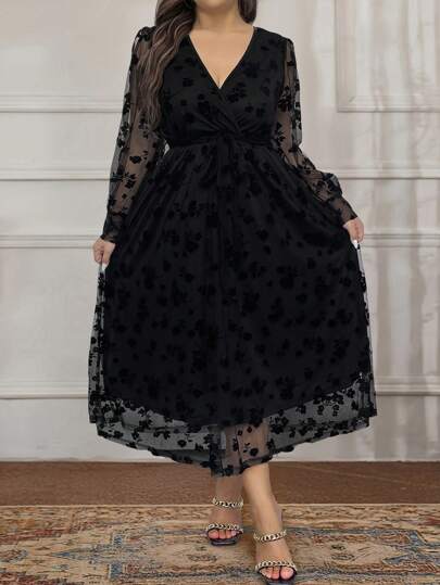 SHEIN Unity Plus Size Solid Color V-Neck Mesh Splice Belted Elegant Long Sleeve Dress, For Winter Maxi Women Outfit Fall Cloth For Women