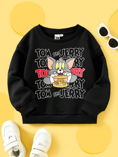 TOM & JERRY X SHEIN Young Boy Casual Cartoon Letter Graphic Loose Drop Shoulder Sweatshirt, Spring And Autumn