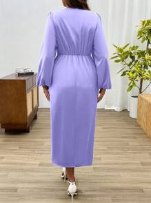 Celure Plus Size Vrouwen Effen Kleur V-hals Lantaarn Mouw Twist Taille Split Zoom Elegante Jurk, Herfst Maxi Vrouwen Outfit