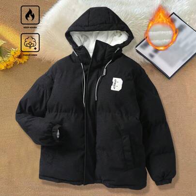 Men's Winter Letter Print Thermal Lined Drawstring Hooded Casual Padded Coat, Going Out Black Bubble Coat, For Friends, Husband, Boyfriend Gifts