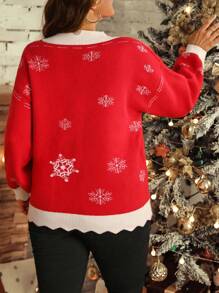 SHEIN LUNE Plus Size Women's Christmas V-Neck Drop Shoulder Snowflake Pattern Long Sleeve Loose Sweater, Autumn/Winter