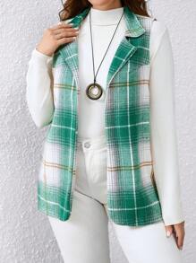 Calvaya Plus Size Plaid Sleeveless Casual Blazer Jacket For Autumn