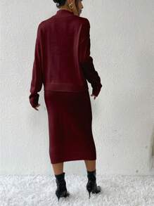 RosyDaze Conjunto de suéter holgado de cuello de capucha y falda de unicolor casual para mujer, otoño/invierno - Burdeos - Ver 2