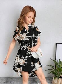 SHEIN 女孩缺口領印花蝙蝠袖繫腰帶連衣裙 - 彩色 - 查看 1