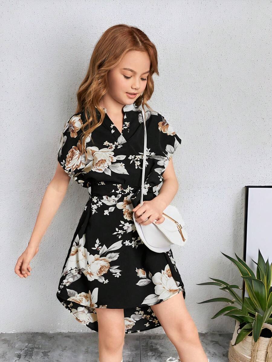 SHEIN 女孩缺口領印花蝙蝠袖繫腰帶連衣裙 - 彩色 - 查看 1