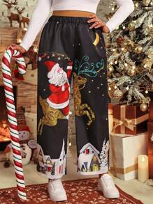 SHEIN LUNE Plus Size Casual Christmas Loose Black Pants - Black - View 1